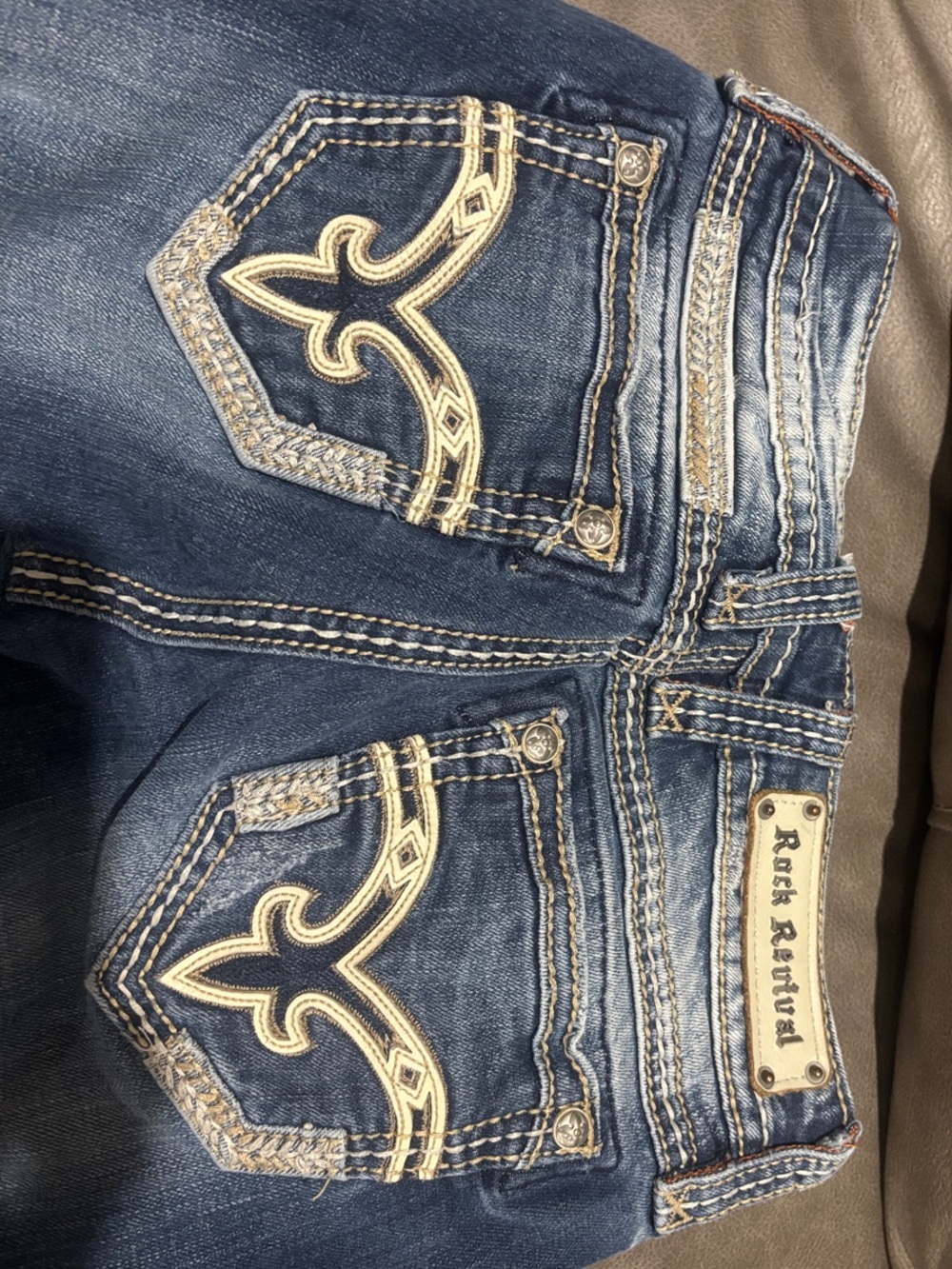 Rock Revival Blue Straight Leg Jeans with Cream Embroidery
